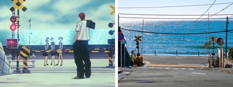 Cảnh trong Slam Dunk (bên trái) và khung cảnh thực tế.
